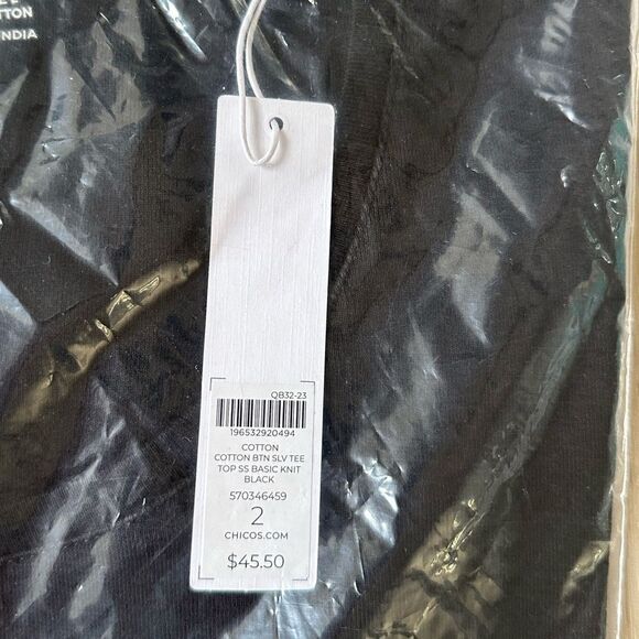 Chico’s Everyday Cotton button Sleeve Shortsleeve Basic Knit Tee Black 2 NWT - Picture 6 of 7